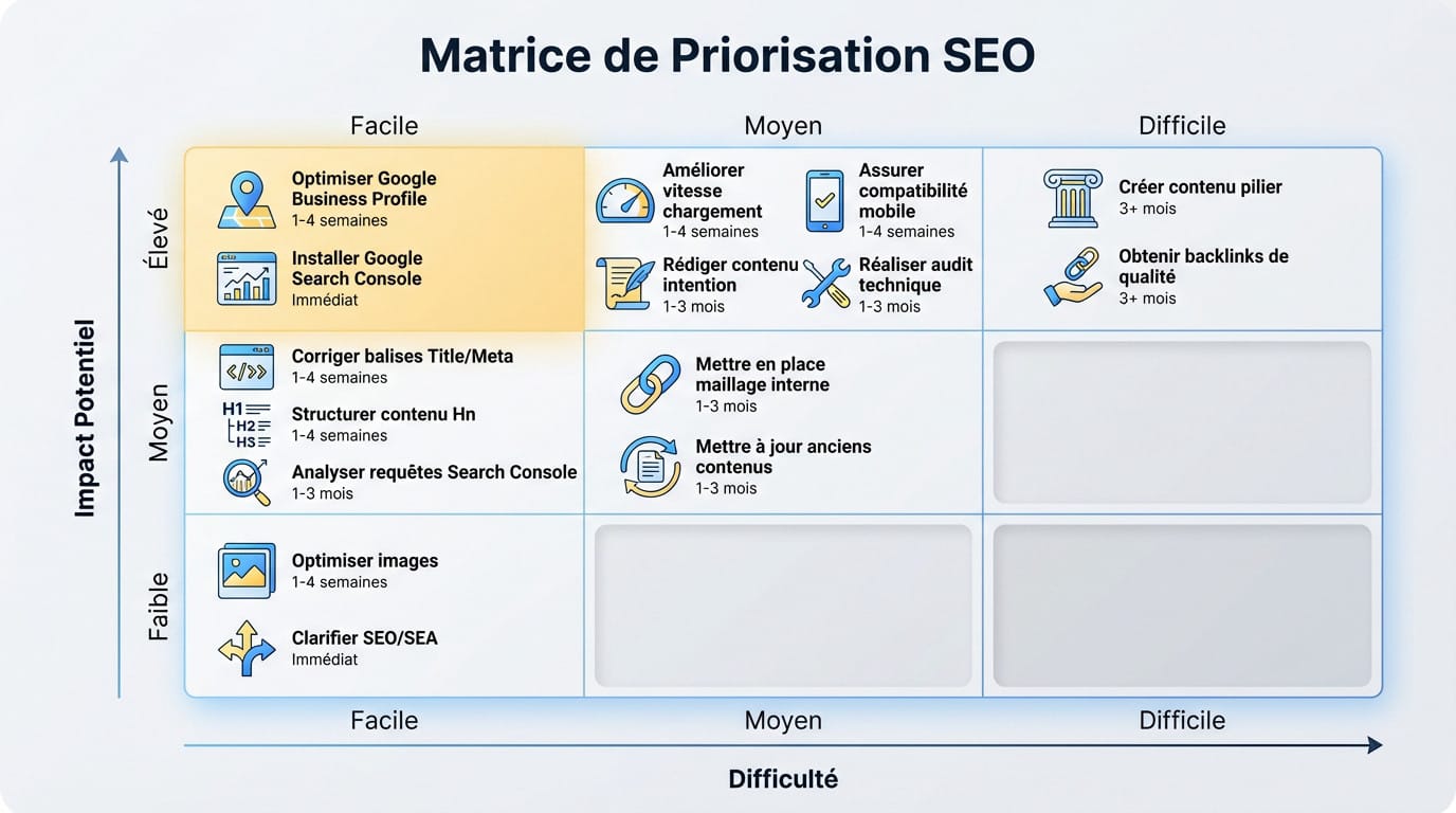 Matrice de priorisation des actions SEO classées par impact et difficulté