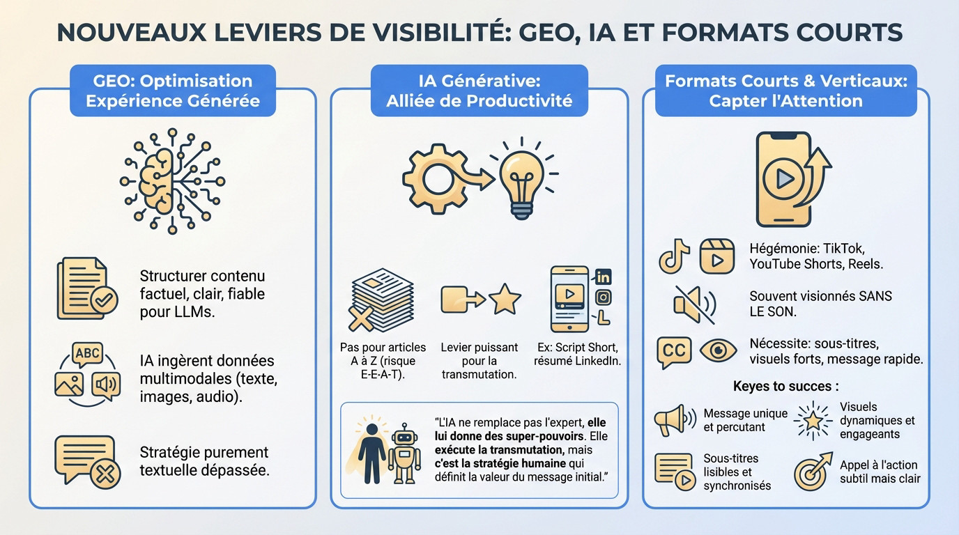 Schéma illustrant l'interaction entre GEO, IA générative et formats courts pour le SEO en 2025