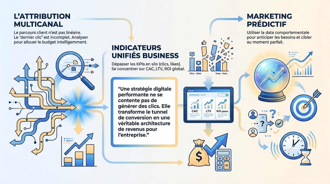 Schéma montrant l'optimisation de la performance digitale grâce à l'analyse de données et l'attribution multicanal