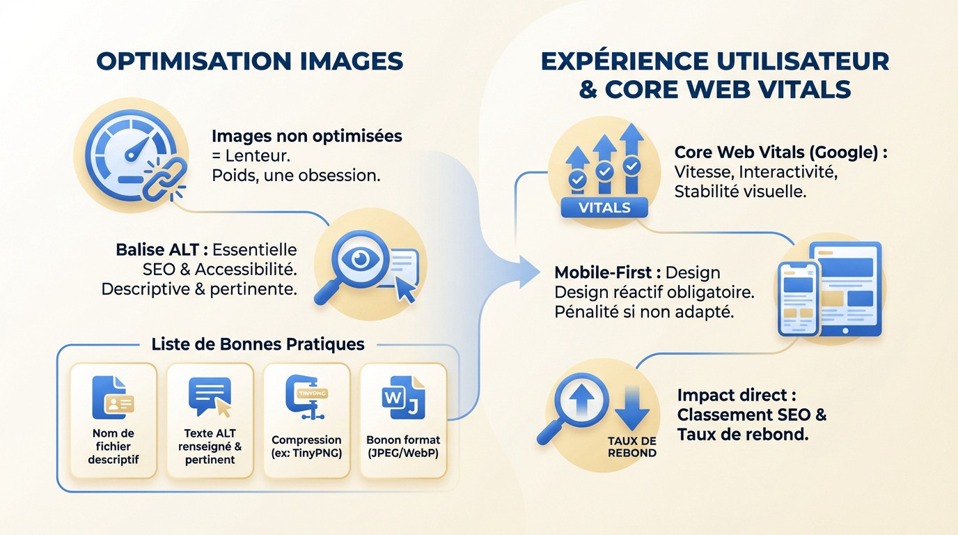 Schéma illustrant l'optimisation technique des images et l'impact sur l'expérience utilisateur