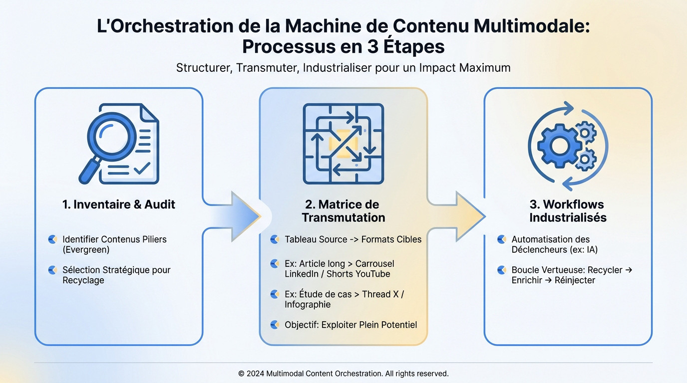 Schéma du processus d'orchestration de contenu multimodal en 3 étapes : audit, matrice et industrialisation