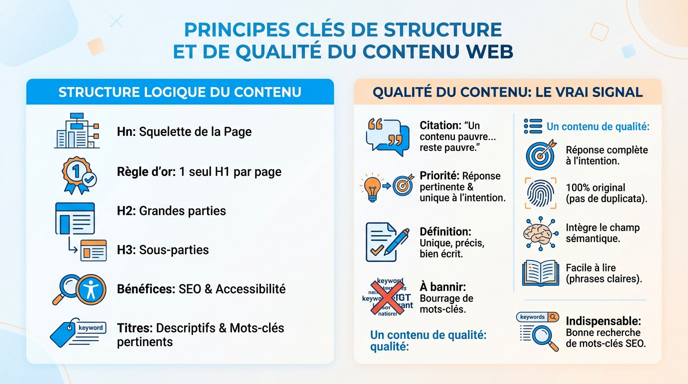 Schéma illustrant la structure hiérarchique Hn et les critères de qualité d'un contenu web optimisé SEO