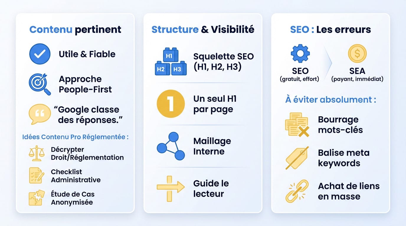 Schéma explicatif sur la structure de contenu SEO et les erreurs fréquentes à éviter