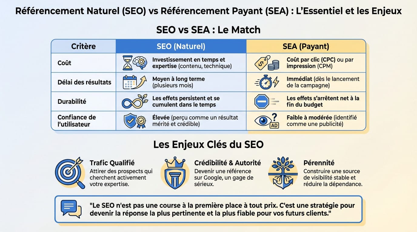 Schéma comparatif illustrant les différences fondamentales entre le SEO organique et le SEA payant