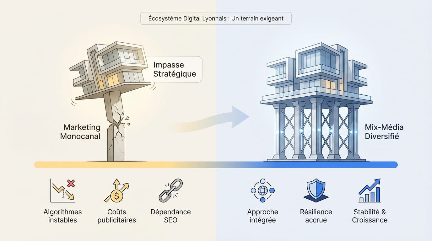 Schéma illustrant la fragilité d'une stratégie marketing monocanale face à la robustesse d'un mix-média diversifié