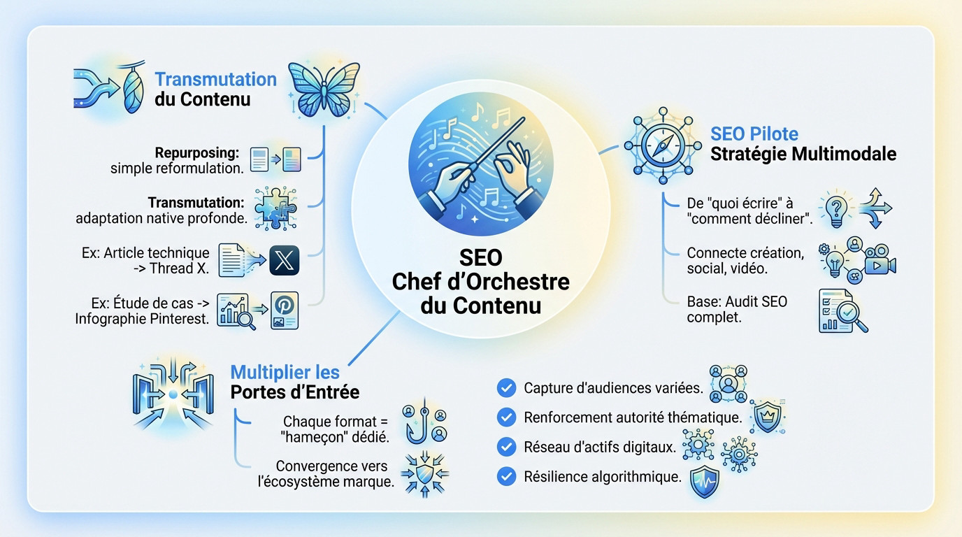 Schéma illustrant la mutation du SEO vers un rôle de chef d'orchestre de contenu multimodal