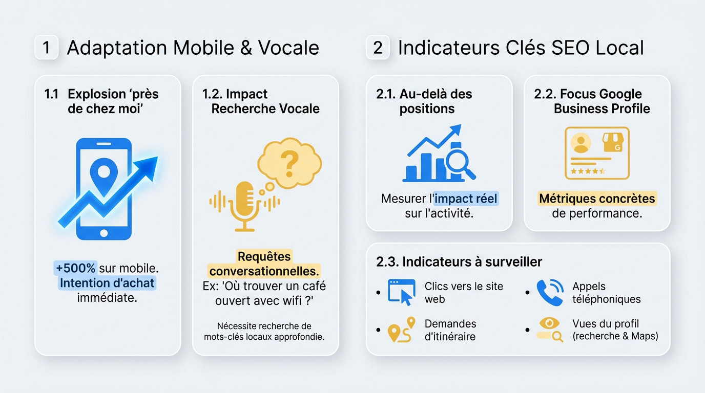 Graphique illustrant l'impact de la recherche mobile et vocale sur le SEO local et les indicateurs de performance