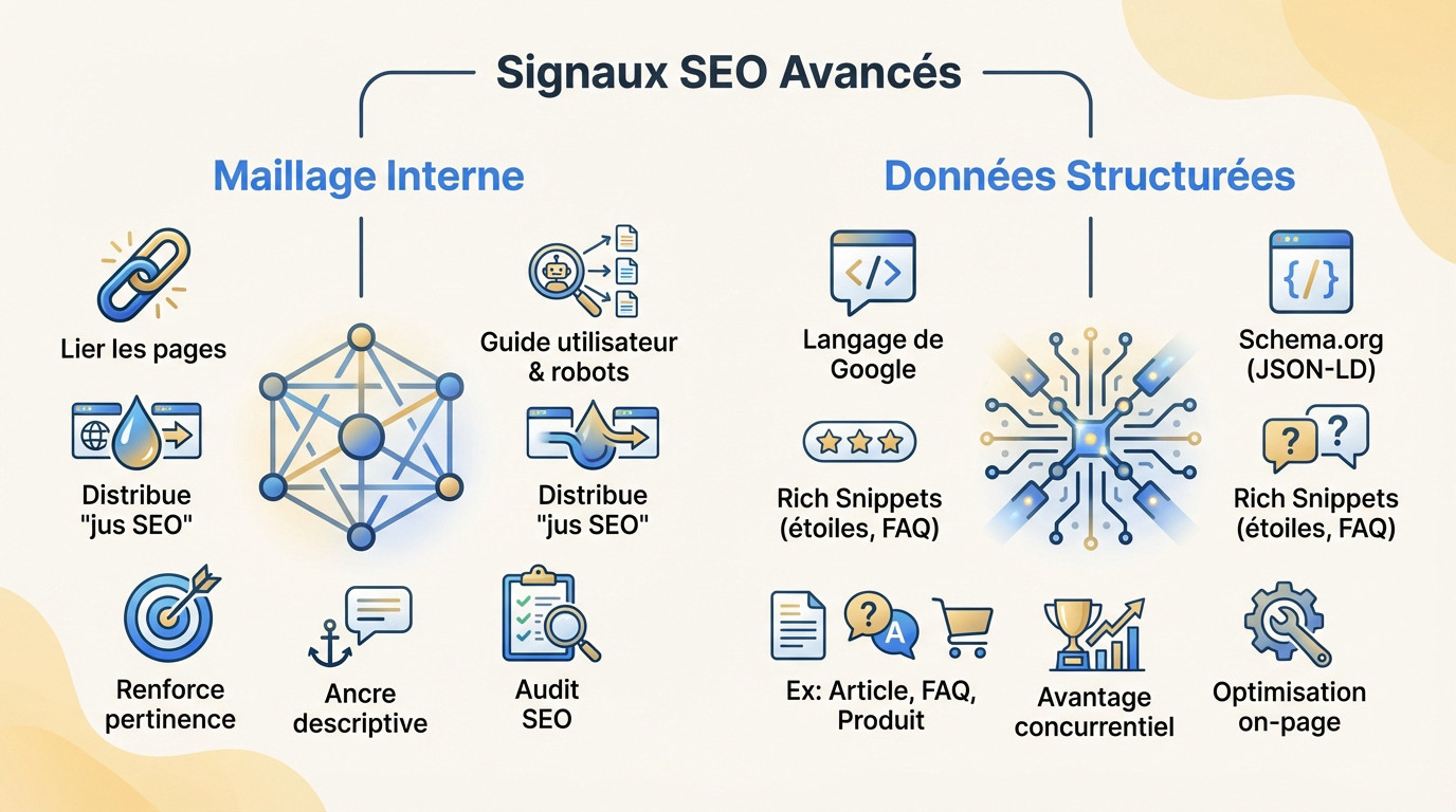 Schéma technique illustrant le maillage interne et les données structurées pour le SEO
