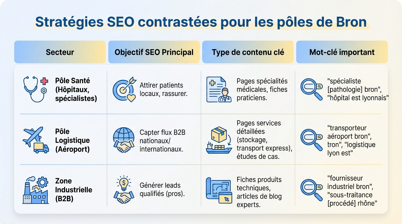 Tableau comparatif des stratégies SEO pour les pôles santé, logistique et industriel de Bron
