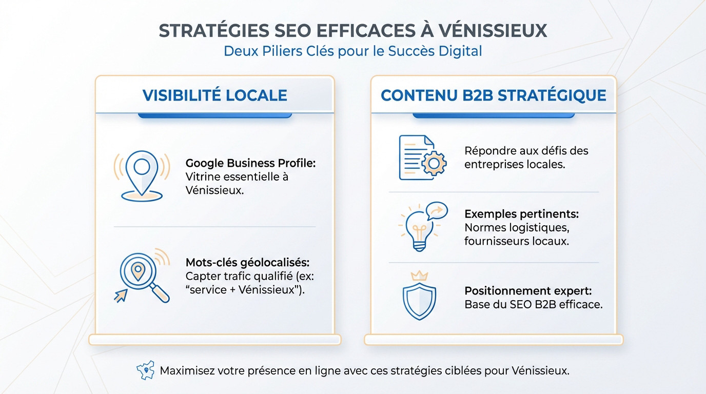 Schéma des piliers stratégiques SEO pour les entreprises de Vénissieux