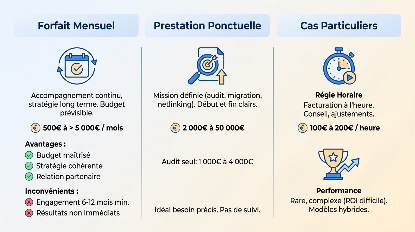 Comparatif des modèles de tarification agence SEO : forfait, projet et régie