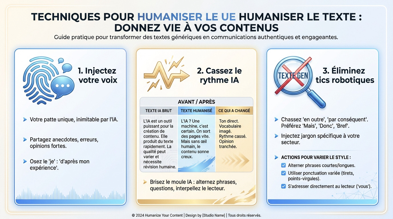 Illustration des techniques pour humaniser un texte généré par IA : main humaine peaufinant un contenu numérique