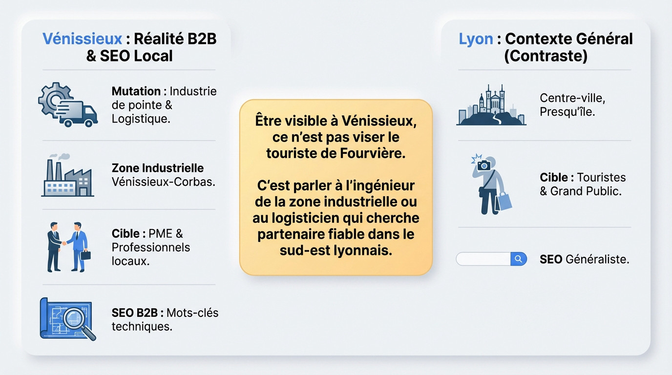 Comparaison entre le SEO touristique de Lyon et la réalité industrielle B2B de Vénissieux