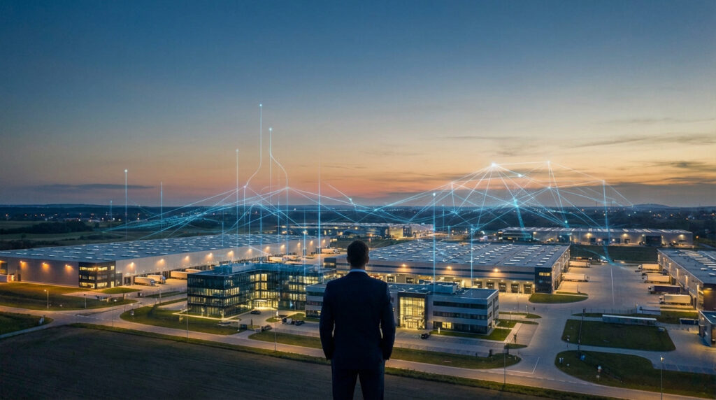 Vue aérienne hub logistique au crépuscule symbolise le SEO local pour entreprises industrielles à Lyon AURA