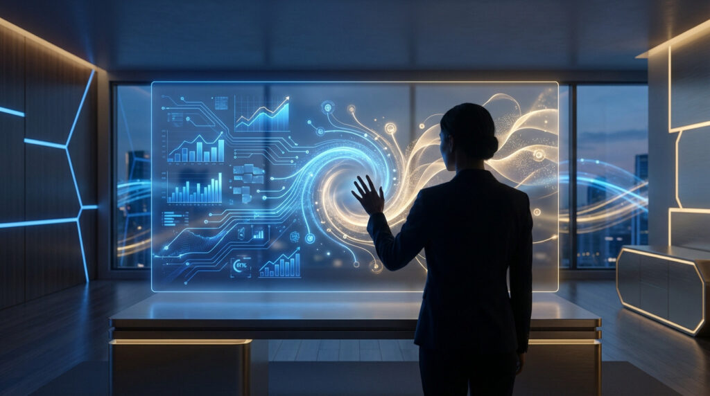 A person guides a translucent holographic display blending blue AI data and gold human creativity in a modern, well-lit workspace.