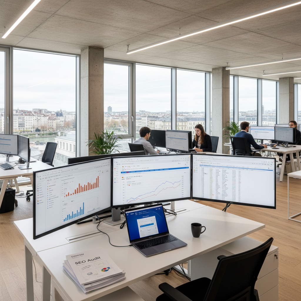 Bureau agence SEO Rankit à Lyon avec écrans affichant des dashboards analytics et positions Google