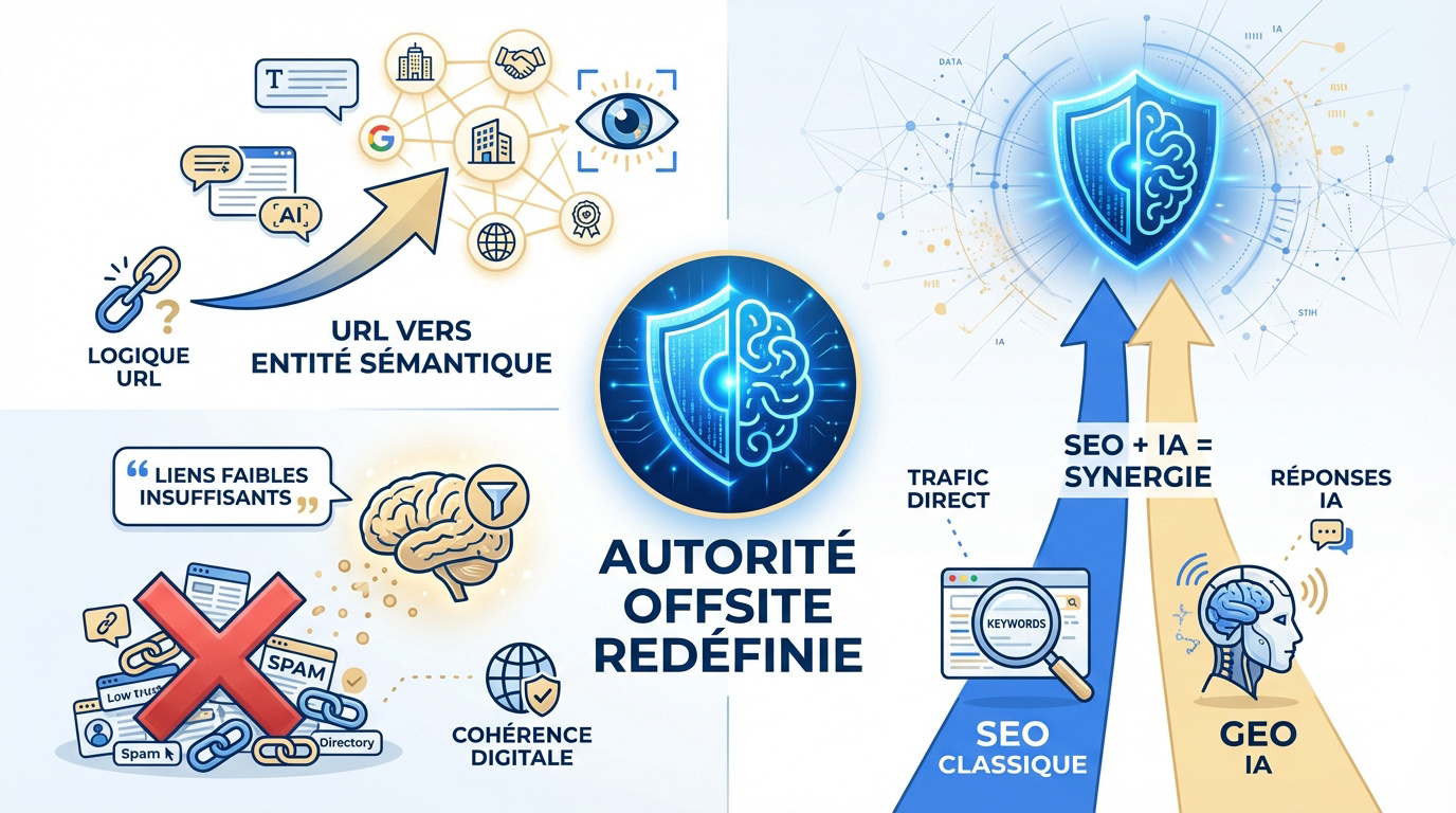 Schéma expliquant la mutation du netlinking vers l'autorité de marque avec l'IA