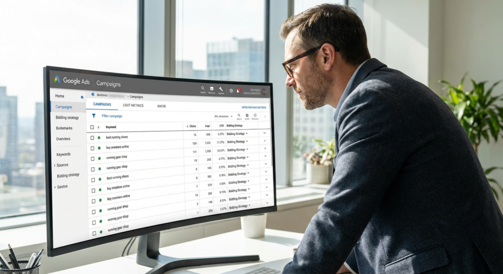 Specialiste Google Ads analysant les performances dune campagne Search