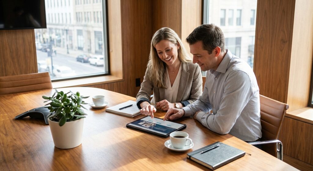 Client et consultant examinant le nouveau design du site refondu