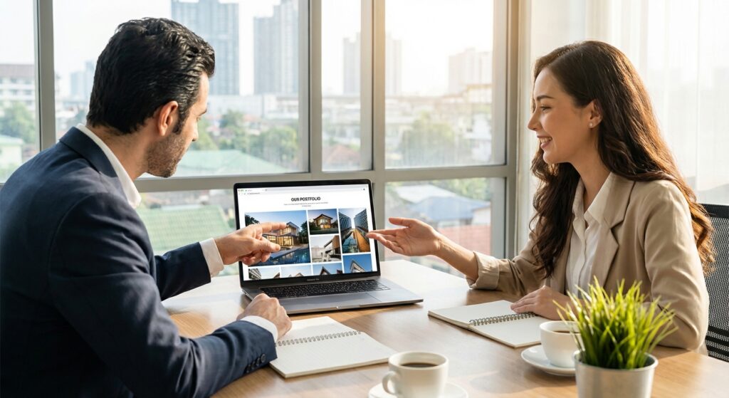 Client decouvrant son nouveau site vitrine professionnel avec le designer