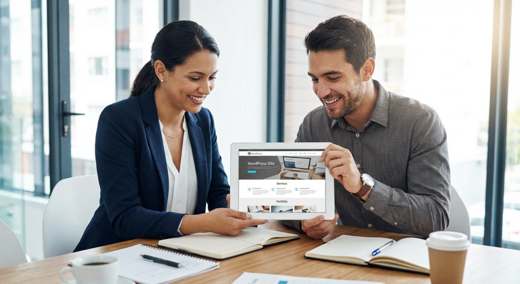 Client et developpeur examinant un site WordPress termine sur tablette