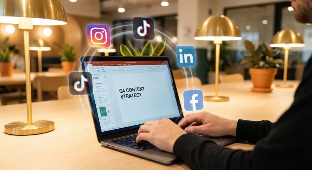 Social media manager creant une strategie de contenu sur ordinateur portable