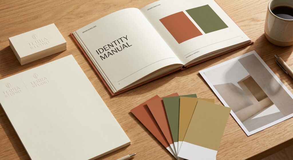 Supports identite visuelle : cartes de visite, charte graphique et nuancier couleurs