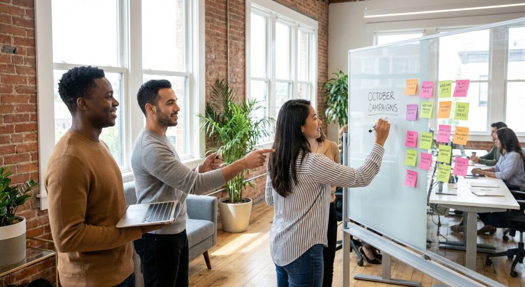 Équipe de community management planifiant un calendrier éditorial