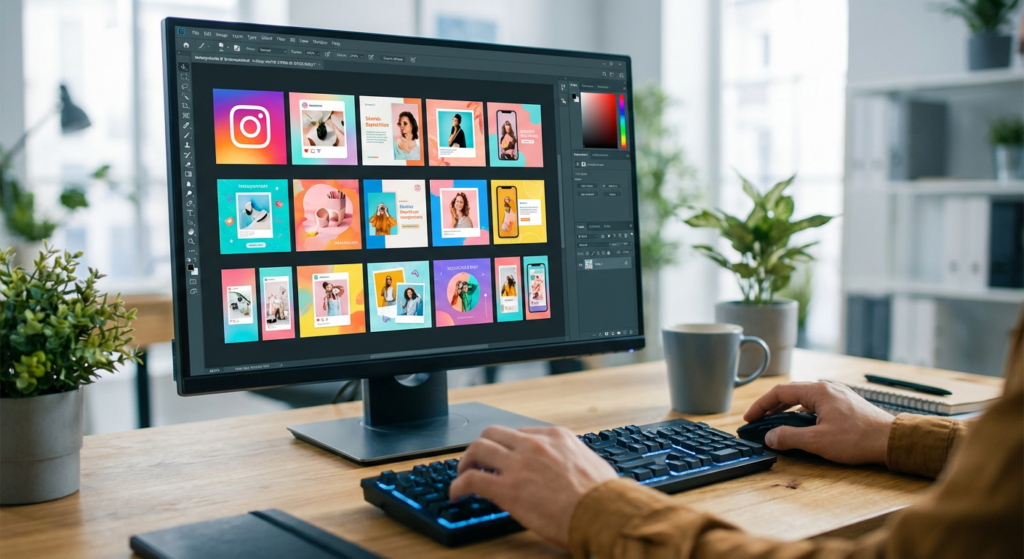 Community manager créant du contenu visuel pour les réseaux sociaux