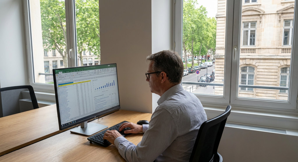 Consultant SEO analysant les positions et mots-cles sur son ecran