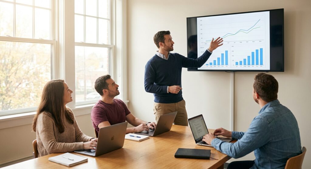 Consultant SEO presentant les resultats de croissance a une equipe