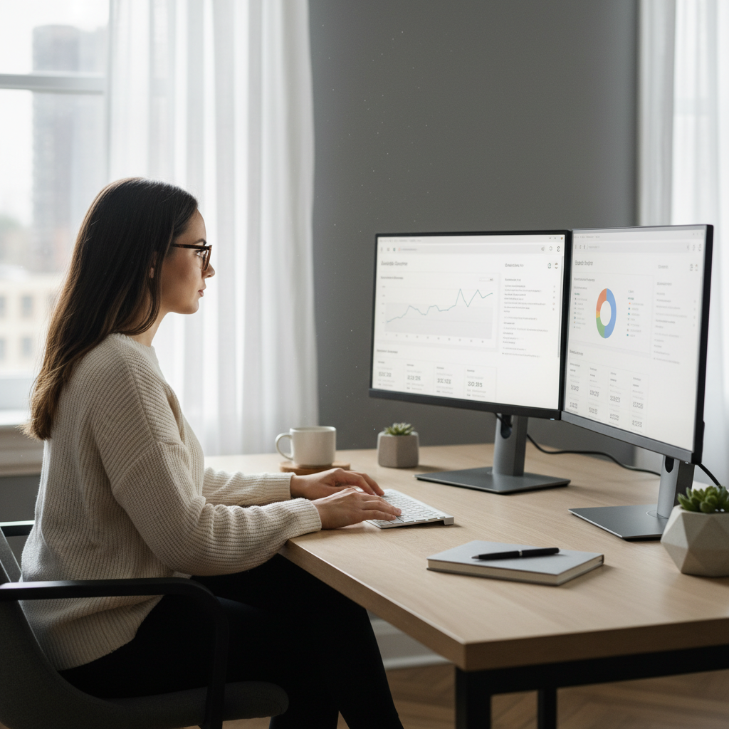 Consultante SEO analysant le trafic web et les donnees Google Analytics