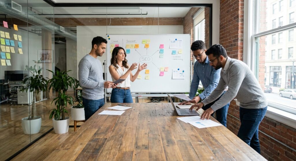 Consultants SEO planifiant campagne de netlinking et digital PR