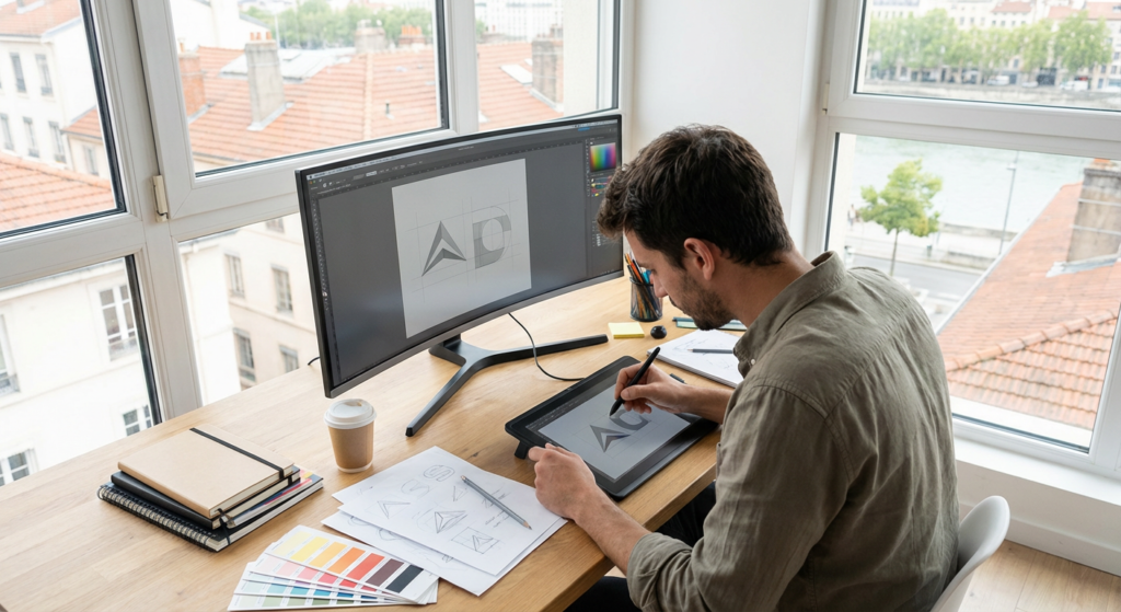 Graphiste Rankit créant un logo professionnel sur écran dans notre agence à Lyon
