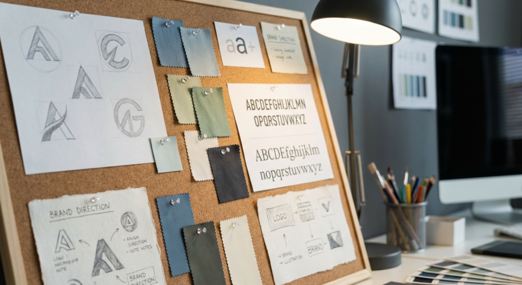 Moodboard de direction artistique avec concepts de logo, palettes de couleurs et typographies