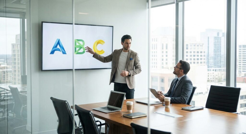 Présentation de trois propositions de logo au client lors d'une réunion créative