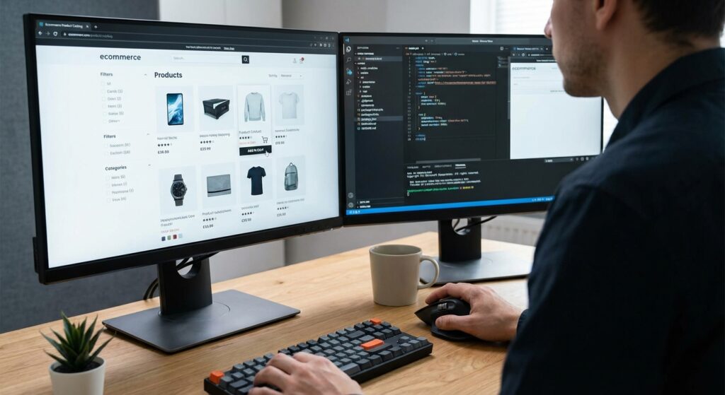 Développeur web concevant un catalogue produit e-commerce avec interface moderne
