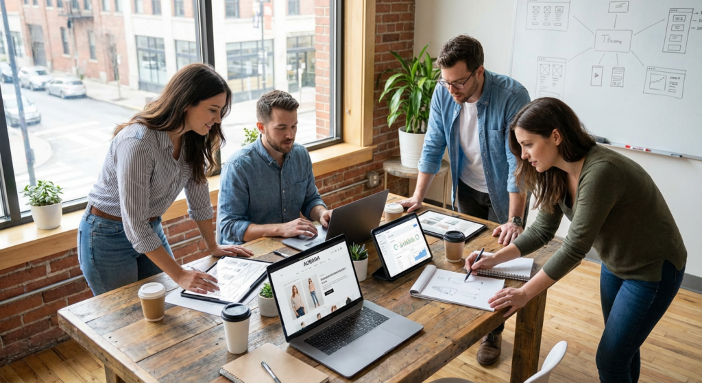 Équipe création e-commerce collaborant sur la refonte d'une boutique en ligne