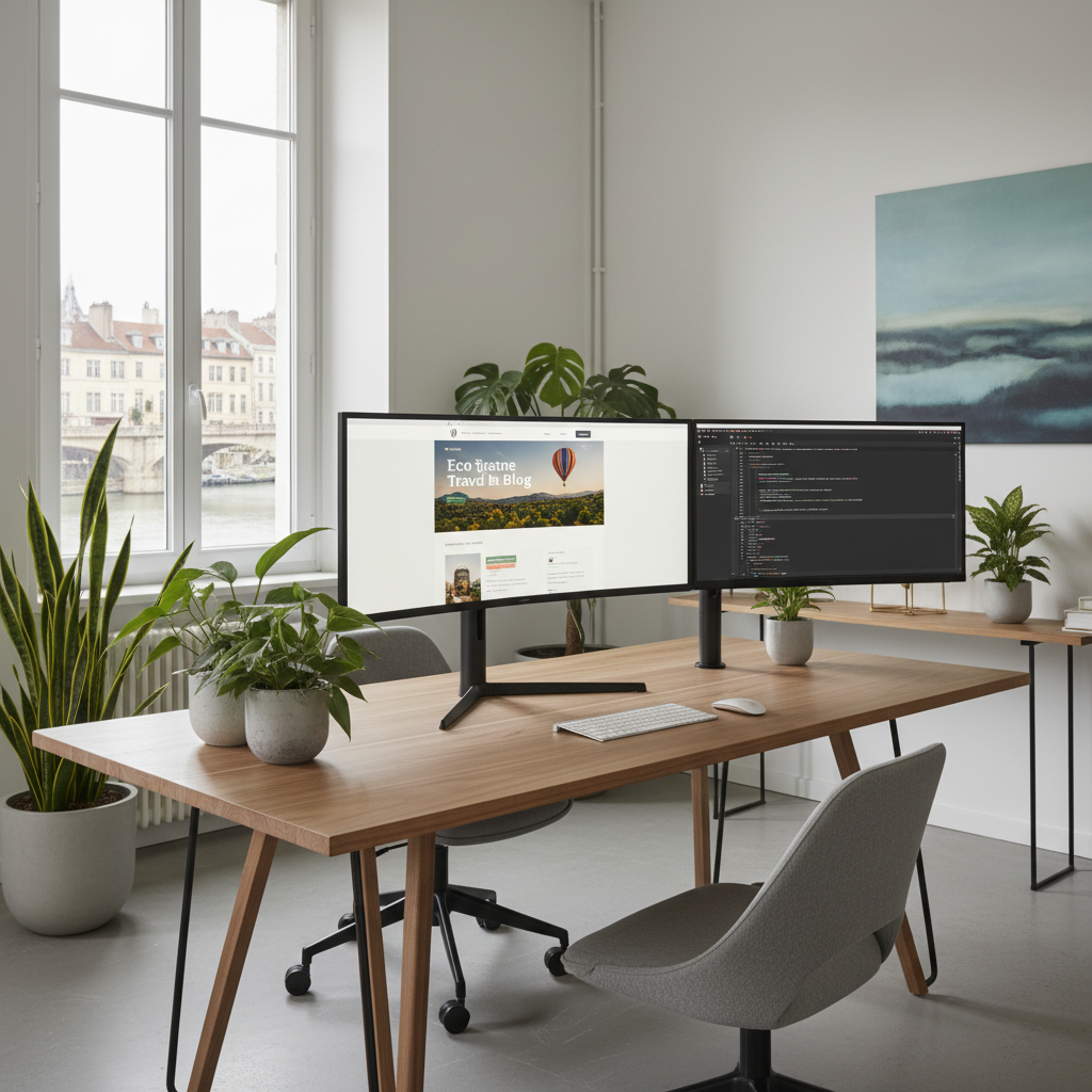 Espace de travail agence web a Lyon avec ecran affichant un site WordPress en cours de creation