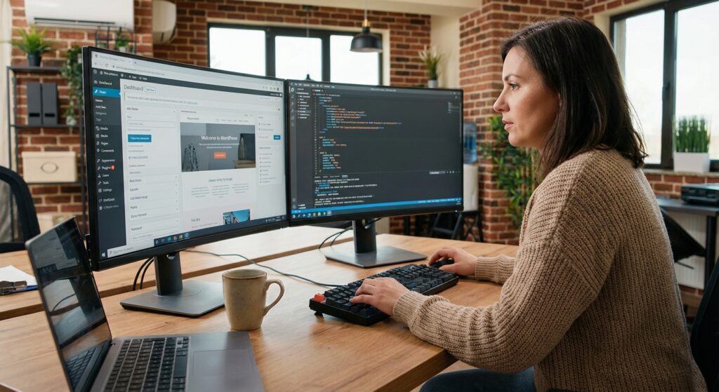 Designer web travaillant sur un site WordPress professionnel