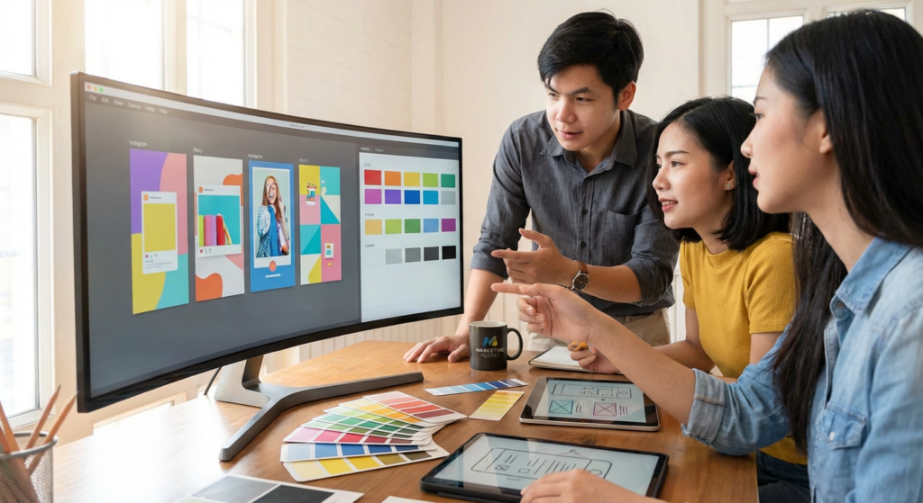 Equipe creative concevant des visuels pour Instagram Ads