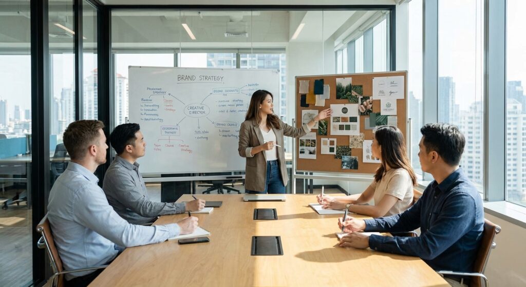 Directrice artistique presentant une strategie de marque en reunion client