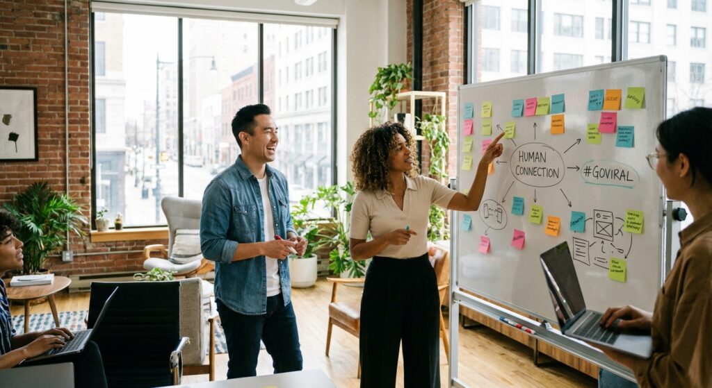 Equipe creative en brainstorming pour une campagne social media