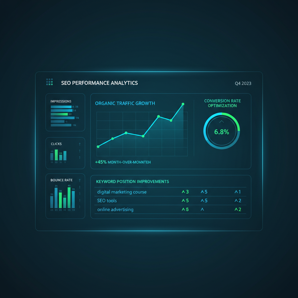 Dashboard SEO montrant la croissance du trafic organique et les améliorations de positions Google