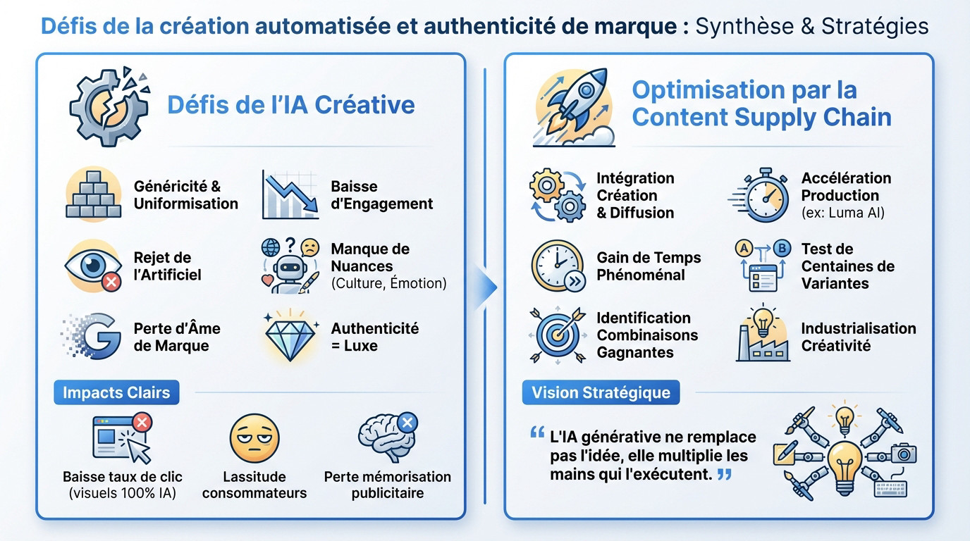 Graphique illustrant les défis de l'IA créative face à l'authenticité de marque et la fatigue publicitaire