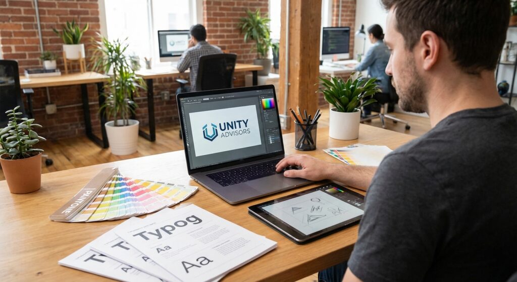 Designer creant un logo et une identite visuelle sur ecran avec guides Pantone