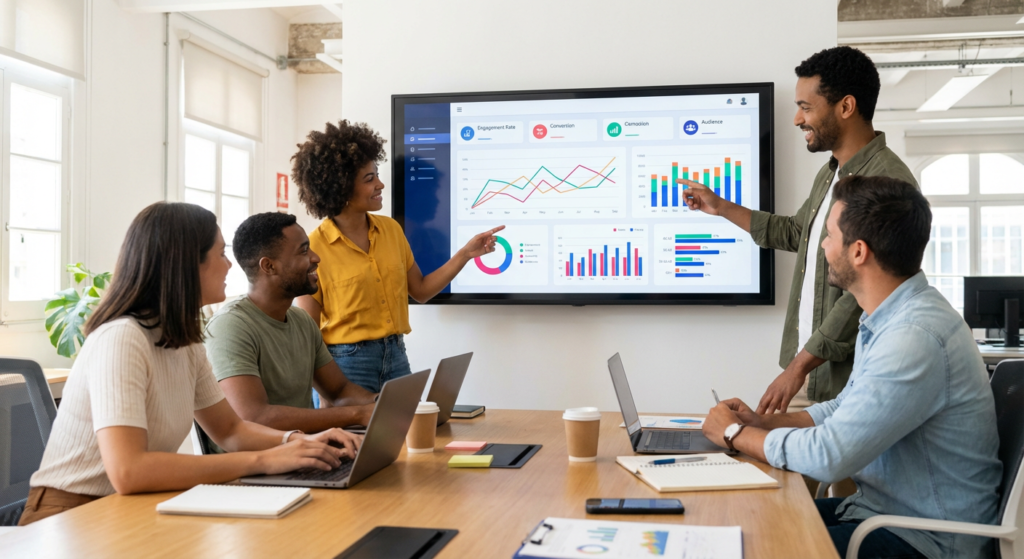 Equipe marketing analysant les performances de campagnes Instagram