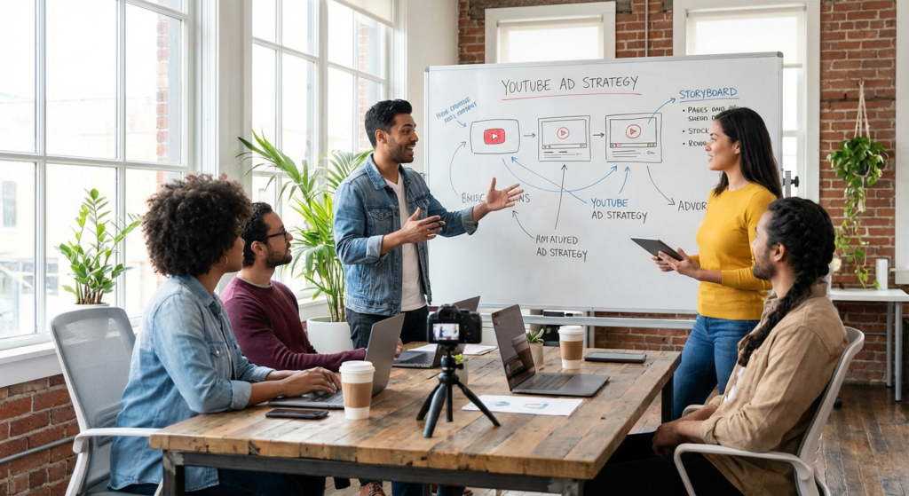 Équipe créative en brainstorming pour des campagnes publicitaires YouTube