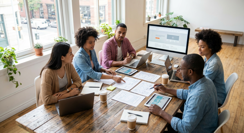 Equipe de creation web collaborant sur les maquettes du site vitrine