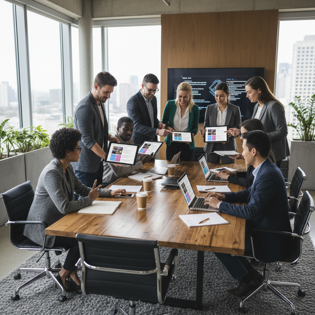 Equipe de developpeurs web collaborant sur des maquettes et wireframes de sites internet